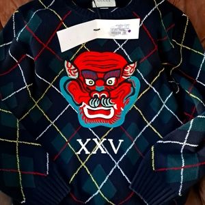 Gucci mens argyle wool knit blue dragon sweater authentic, Large NWT